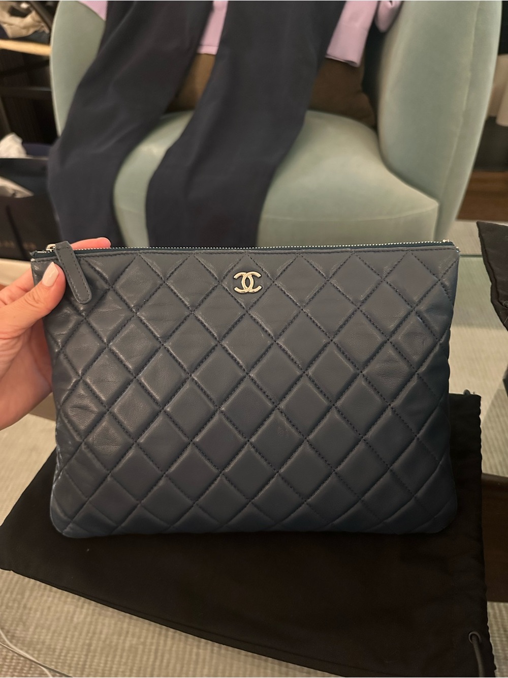 CHANEL Navy Quilted Leather Clutch with Silver CC